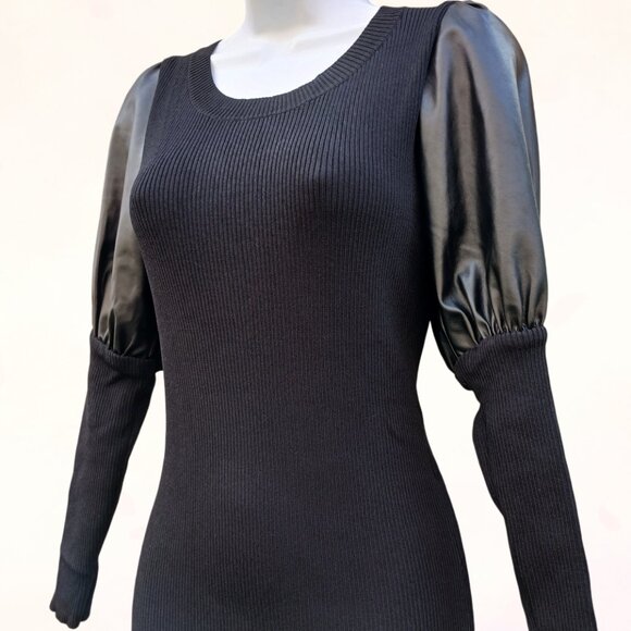 Gabrielle Union Black Bodycon Ribbed Knit Faux Leather Puff Long Sleeves Dress S - Picture 5 of 11